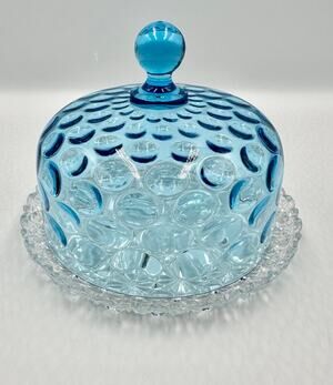 Hobb's Blue Inverted Thumbprint Victorian Glass Butter Dish Daisy & Button Base